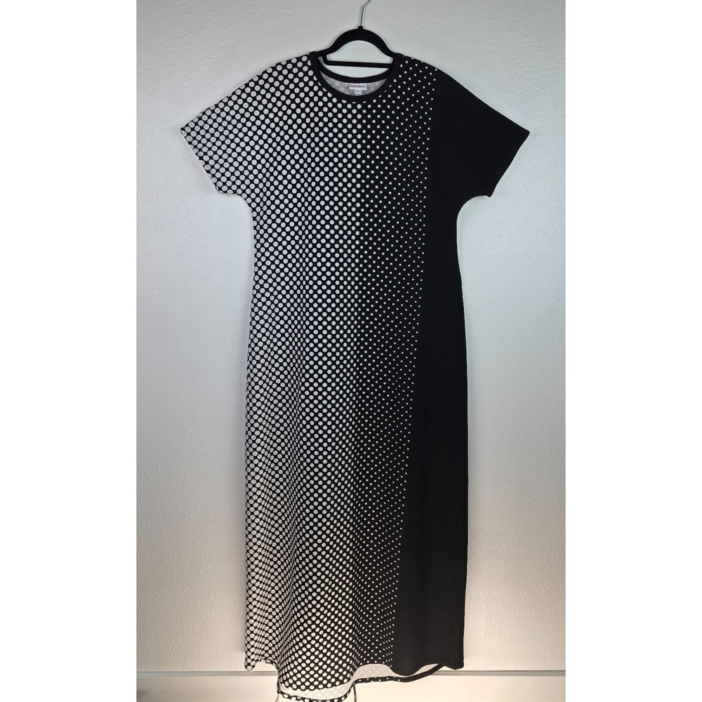 LuLaRoe Julia Dress  XL Black White Polka Dot Colorblock Stretch Midi Dress